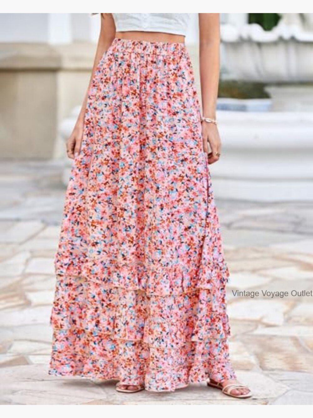 Maxi Skirt with Elastic Waist Floral A-Line Ruffle Tiered Wedding Guest - Picture 2 of 7